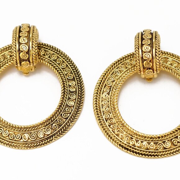 CHANEL Hoop 2 way Round Vintage Dangle Earrings Gold Tone Auth #11136 - Picture 3 of 6